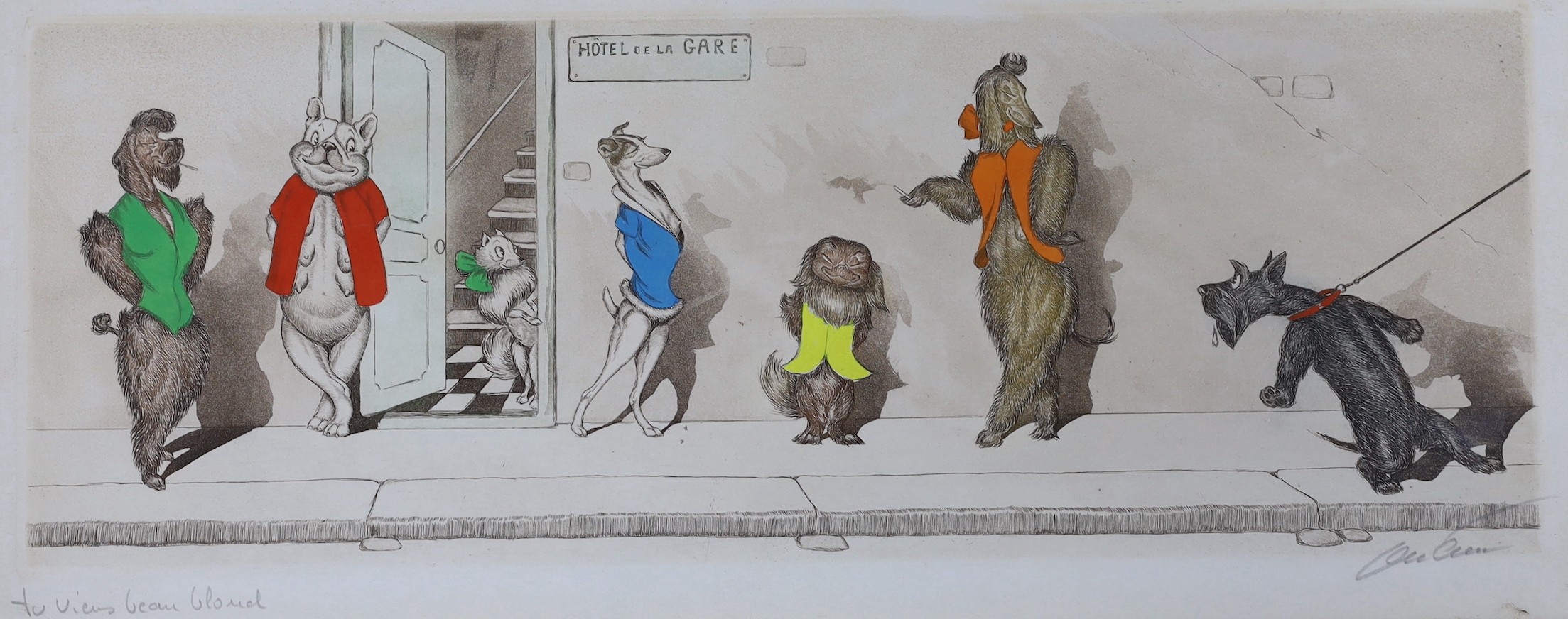 Boris O'Klein (French, 1893-1985), coloured etching, 'Tu Viens Beaux Blond', signed in pencil, 20 x 47cm